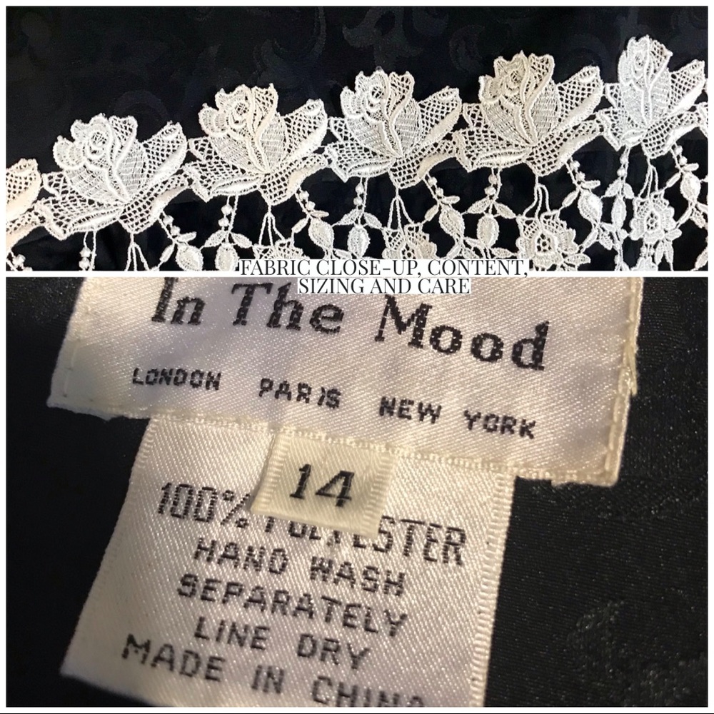 VINTAGE 1990'S IN THE MOOD BLACK BROCADE AND WHITE CROCHET LACE BLOUSE (14) - Picture 8 of 10